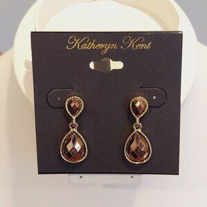 💖💖NWT KATHERYN KENT GOLD TONE BROWN STONE DOUBLE TEARDROP EARRINGS